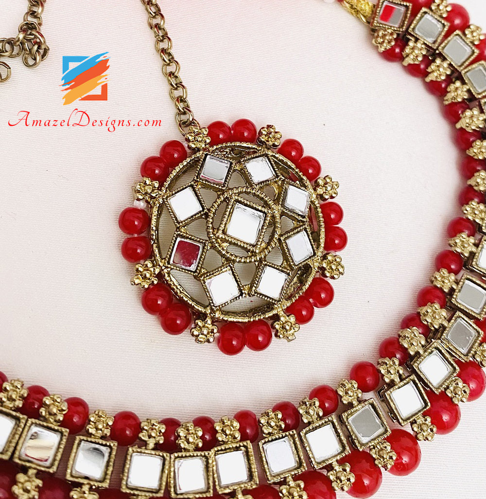 Mirror Single Line Red Choker Collana Studs Orecchini Set Tikka