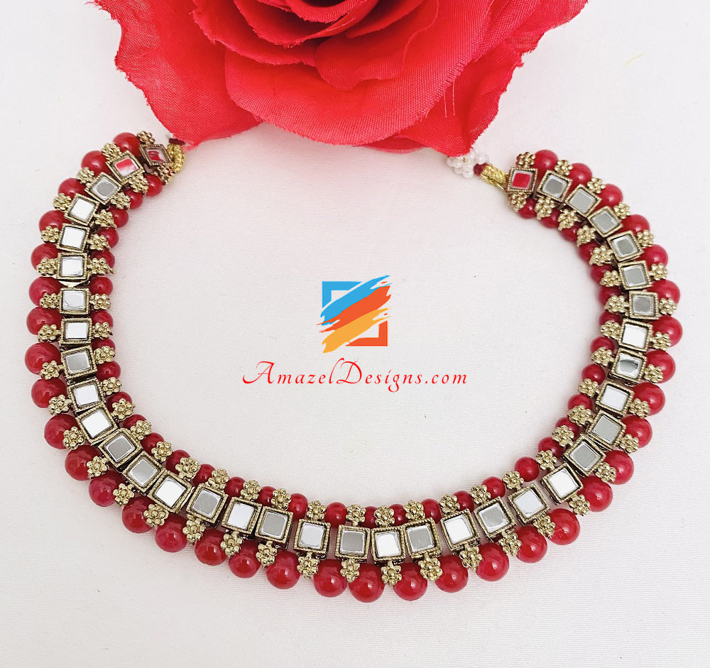 Mirror Single Line Red Choker Collana Studs Orecchini Set Tikka