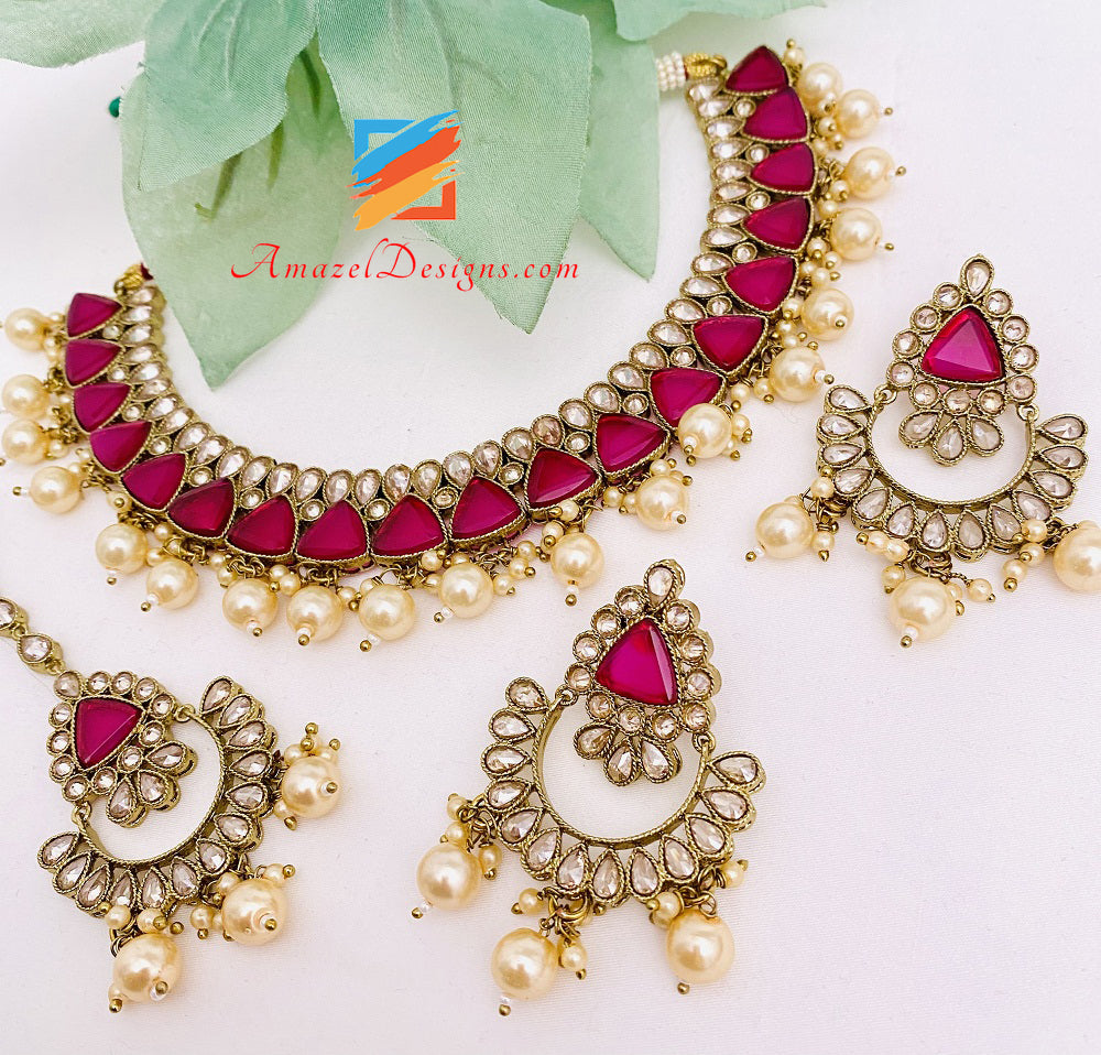 Monalisa Polki Hot Pink Magenta Halskette Ohrringe Tikka Set