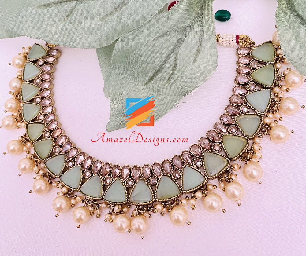 Monalisa Polki Menta Collana Orecchini Set Tikka