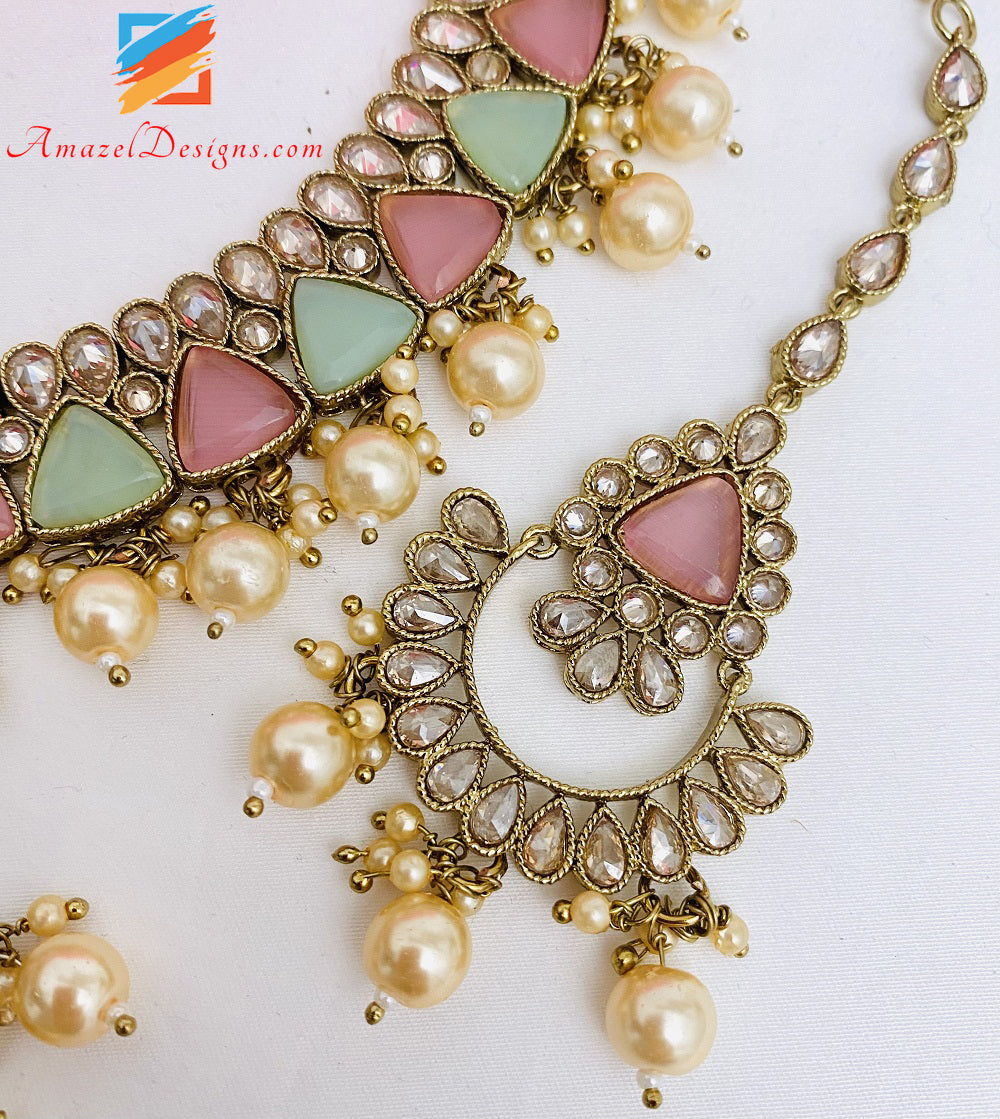 Monalisa Polki Pink Mint Necklace Earrings Tikka Set