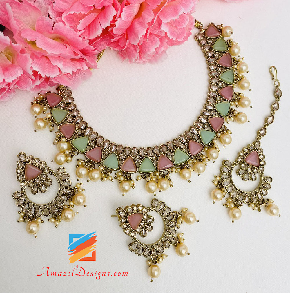 Monalisa Polki Pink Mint Halskette Ohrringe Tikka Set
