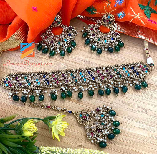 Multicolored Emerald Pearls Choker with Earrings Tikka Set