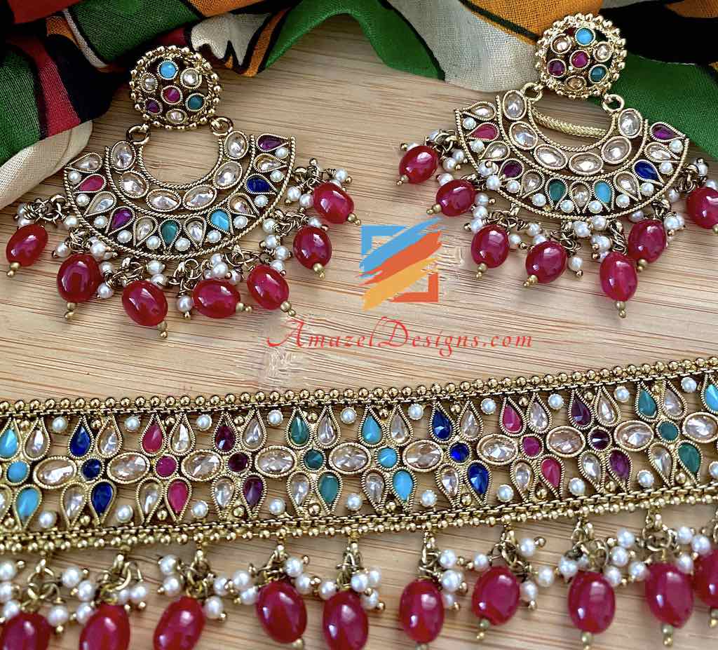 Multicolored Flexible Choker with Earrings Tikka Set