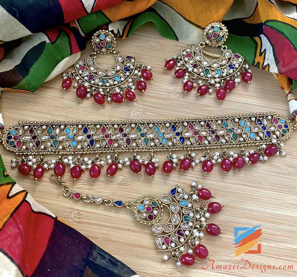 Multicolored Flexible Choker with Earrings Tikka Set