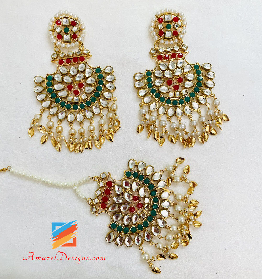 Multicolored Kundan Oversized Earrings Tikka Set