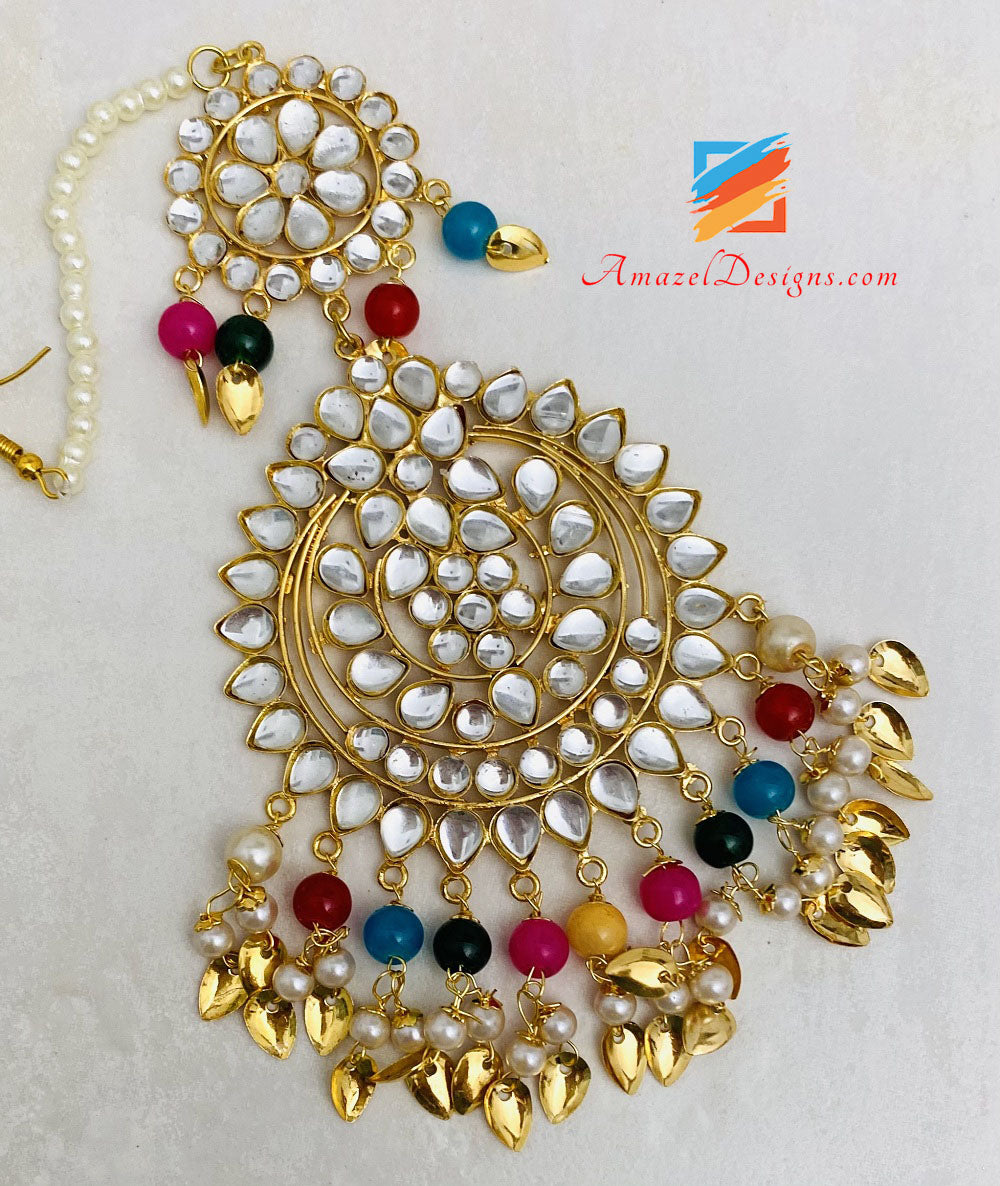 Mehrfarbige Kundan Pippal Patti Leichte Ohrringe Übergroße Tikka