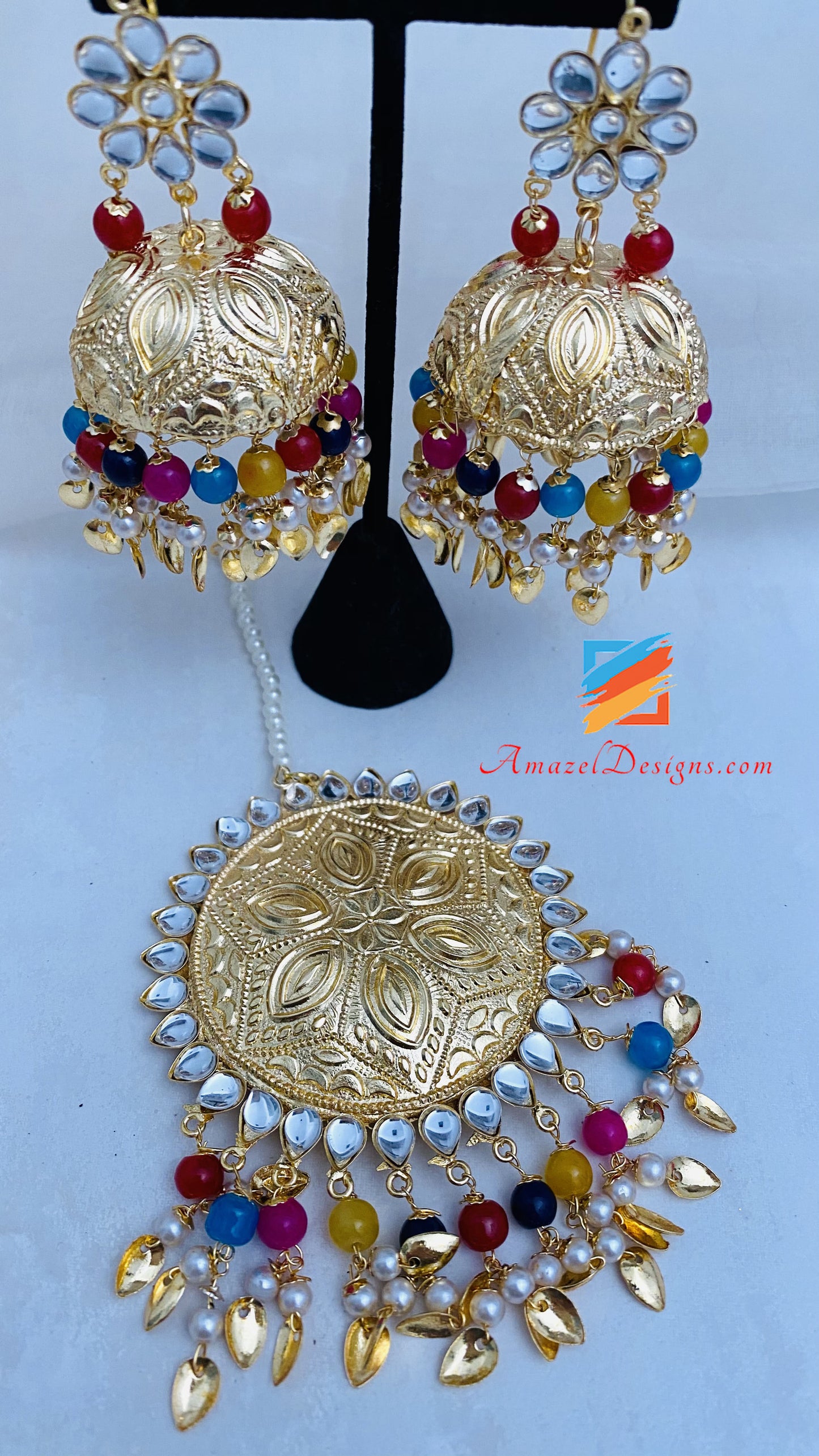 Pippal leggero multicolore Patti Kundan Jhumka Tikka oversize