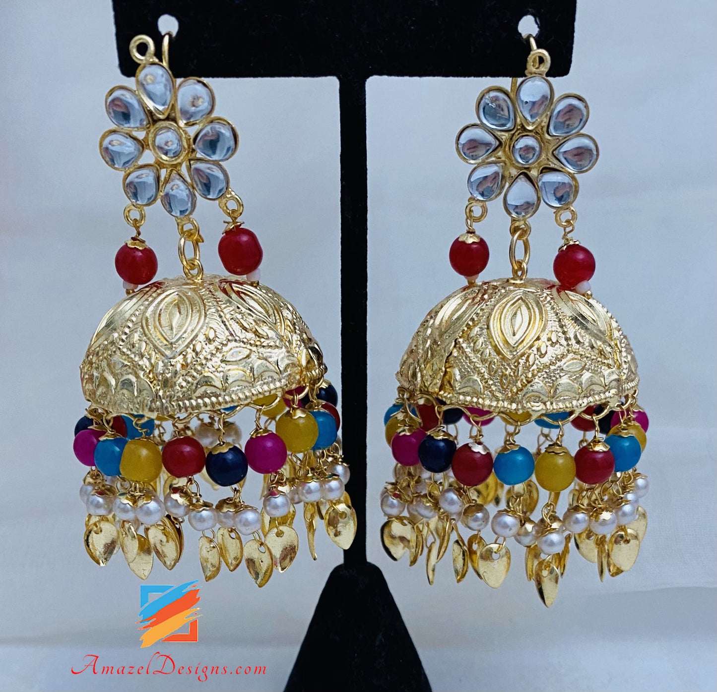 Pippal leggero multicolore Patti Kundan Jhumka Tikka oversize