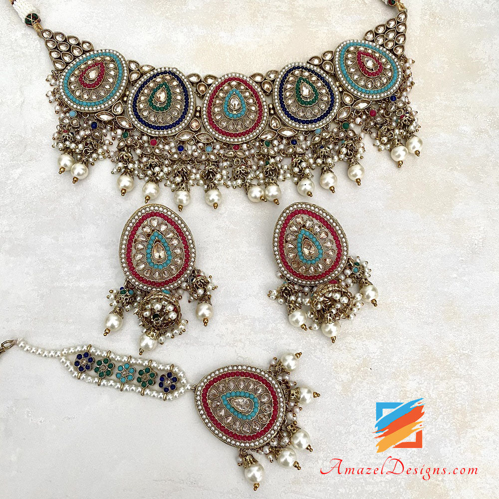 Multicolored Polki Necklace Earrings Tikka Set