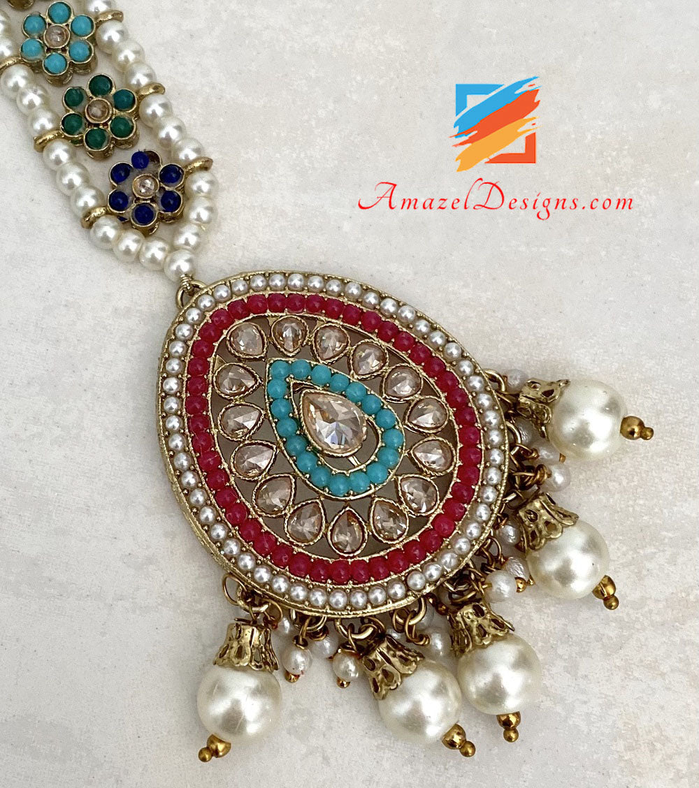 Multicolored Polki Necklace Earrings Tikka Set