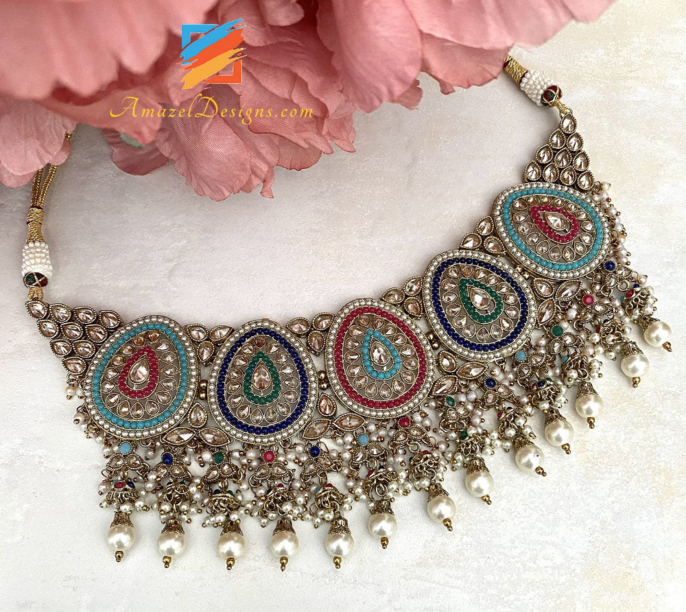 Multicolored Polki Necklace Earrings Tikka Set