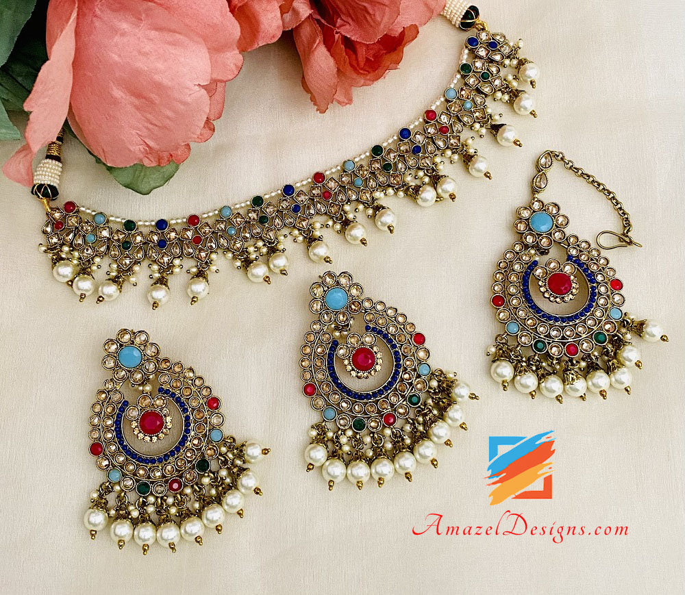 Set Tikka con collana e orecchini a linea singola Polki multicolore