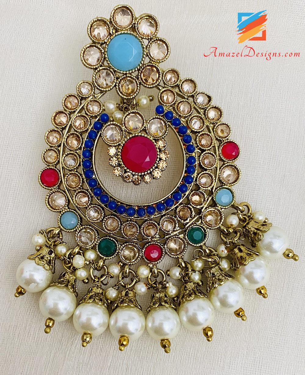 Set Tikka con collana e orecchini a linea singola Polki multicolore