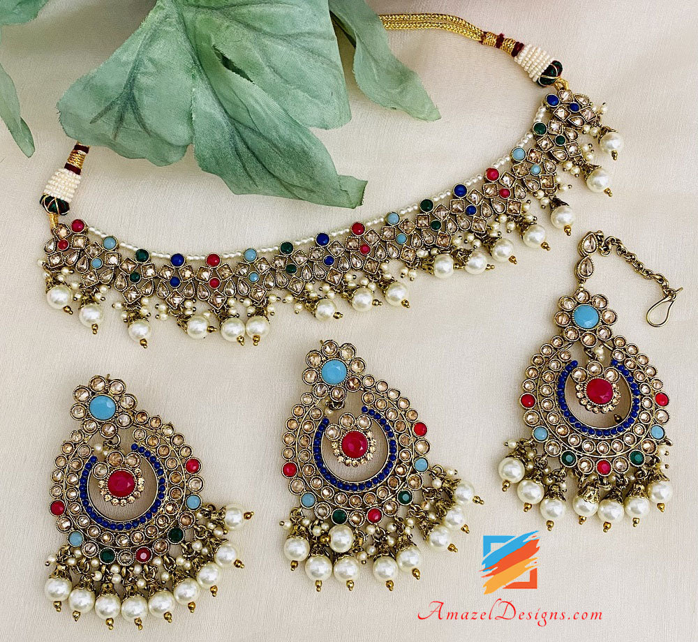 Set Tikka con collana e orecchini a linea singola Polki multicolore