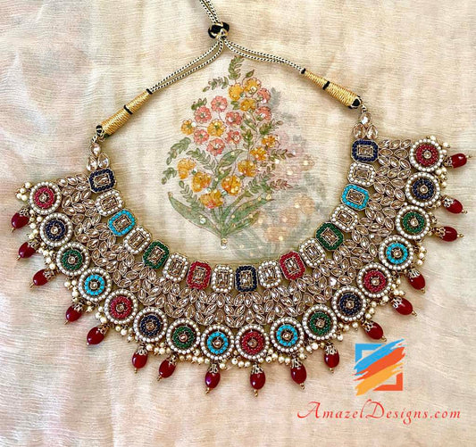 Multicolored Polki with Ruby Pearls Necklace Jhumki Tikka Set