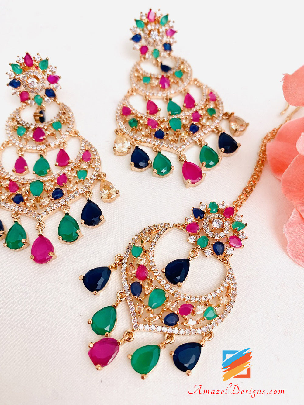 Multicoloured American Diamond AD Earrings Tikka Set
