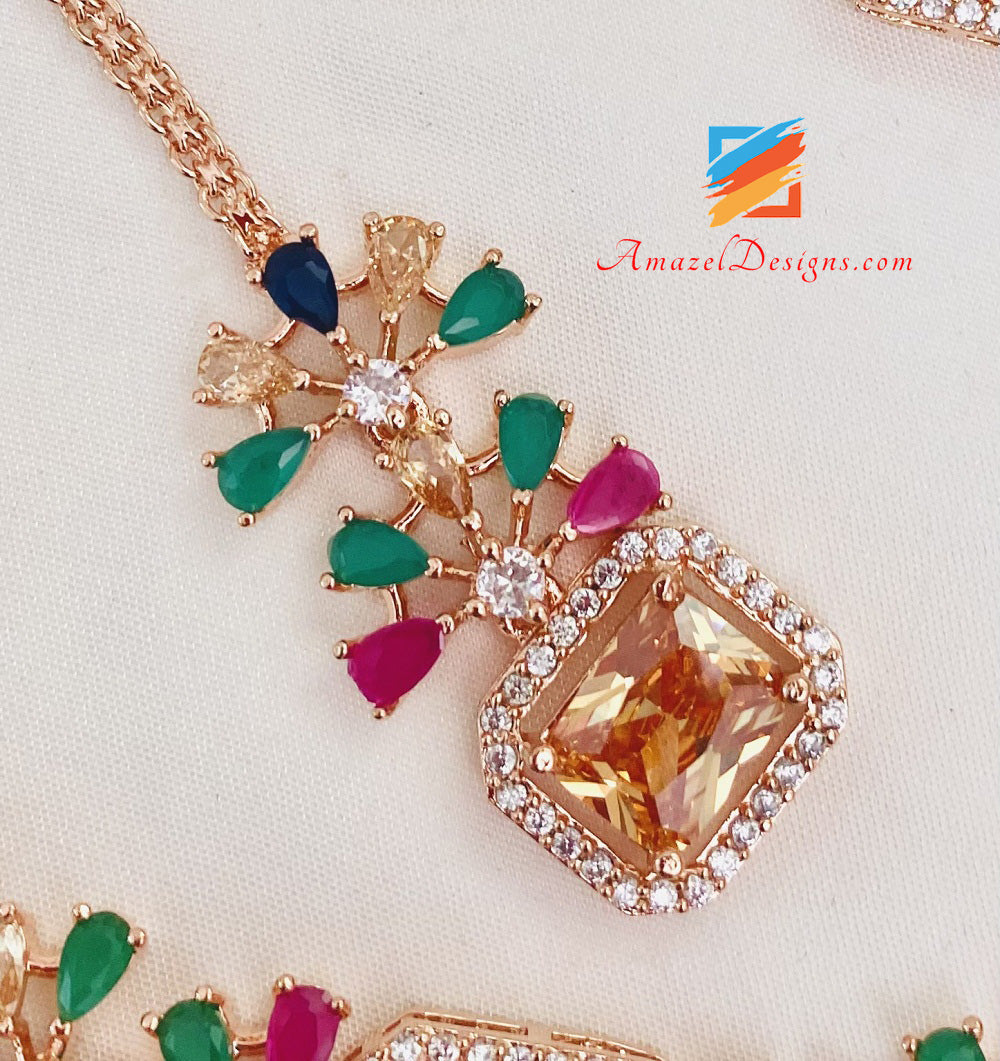 Multicoloured American Diamond AD Necklace Earrings Tikka Set