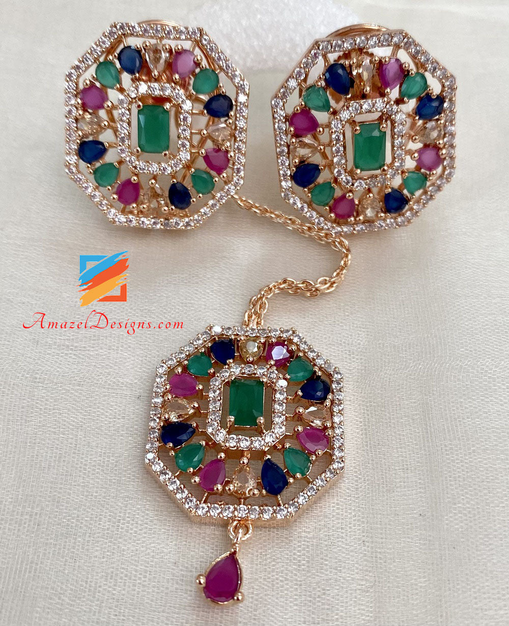 Multicoloured American Diamond Studs Earrings Tikka Set