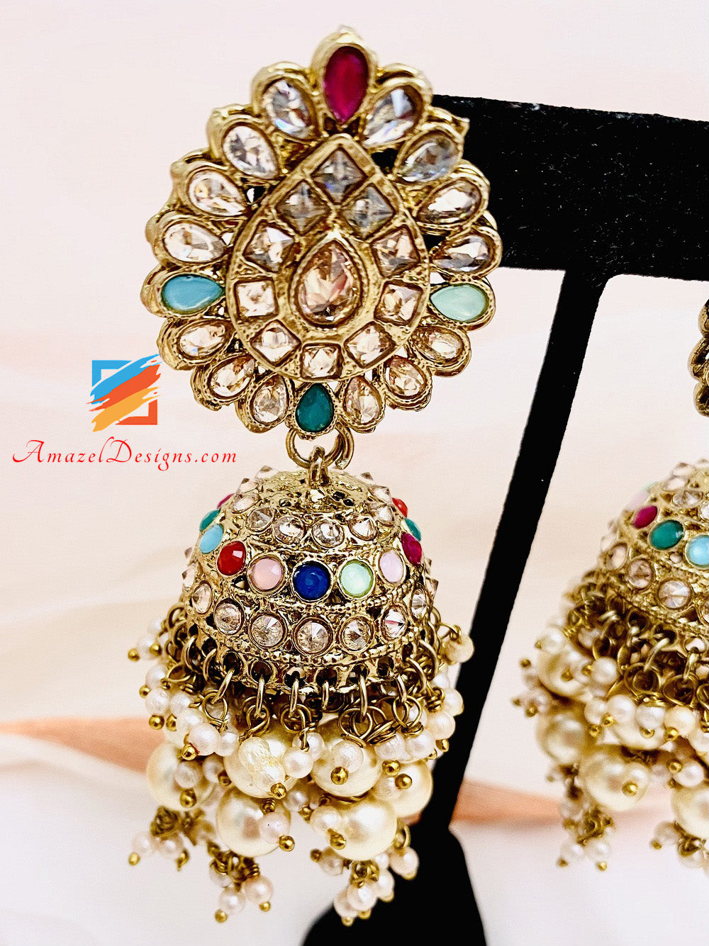 Multicoloured Champagne Jhumki With Bunches Of Beads