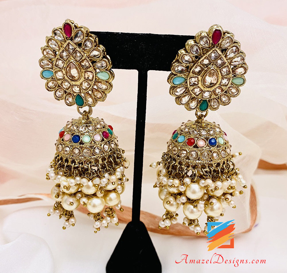 Multicoloured Champagne Jhumki With Bunches Of Beads