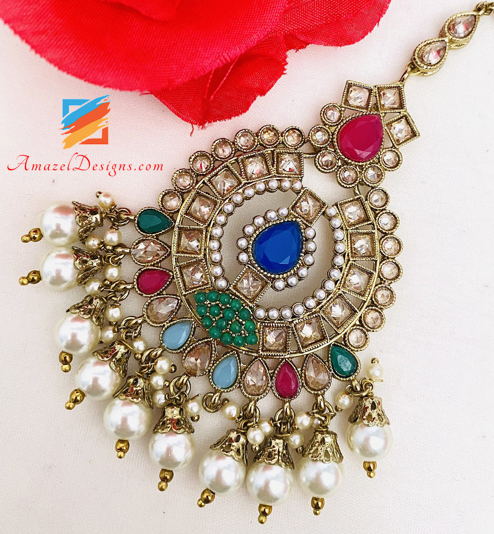 Multicoloured Choker Earrings Tikka Set
