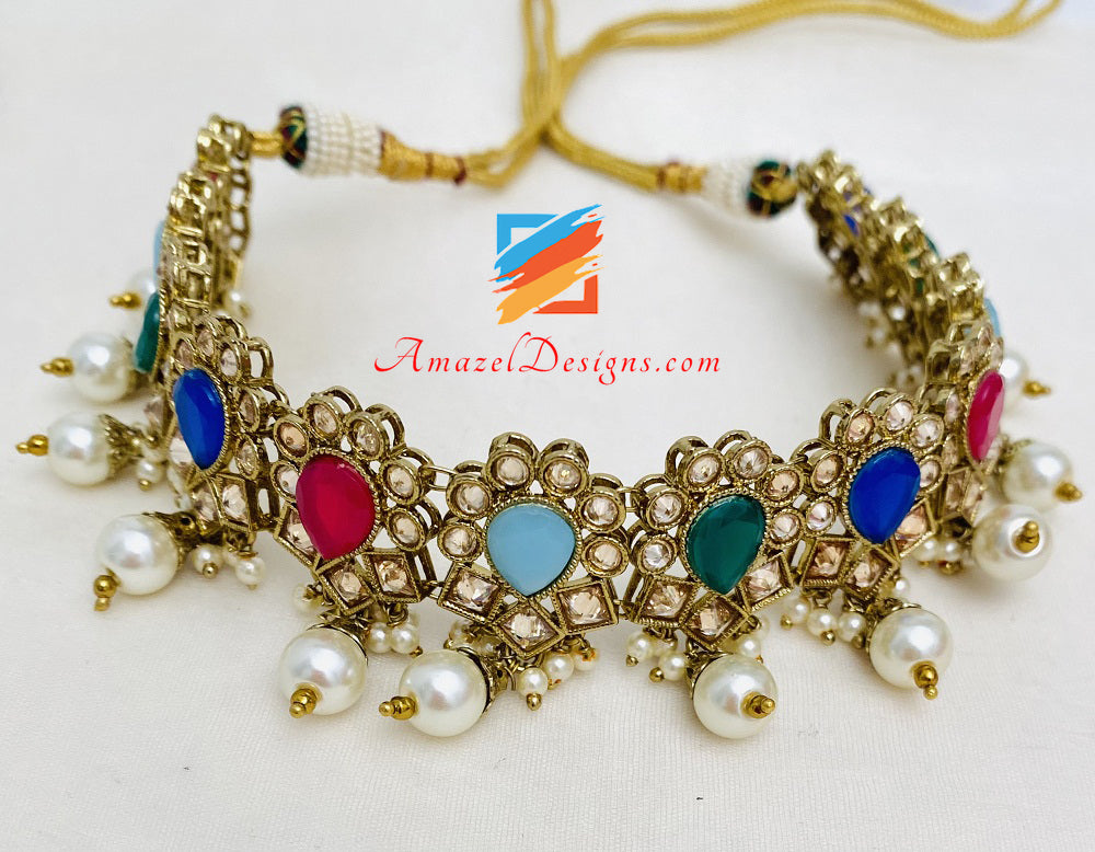 Multicoloured Choker Earrings Tikka Set