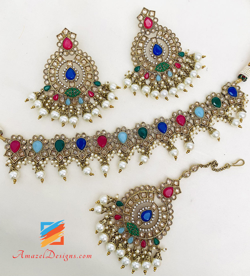 Multicoloured Choker Earrings Tikka Set