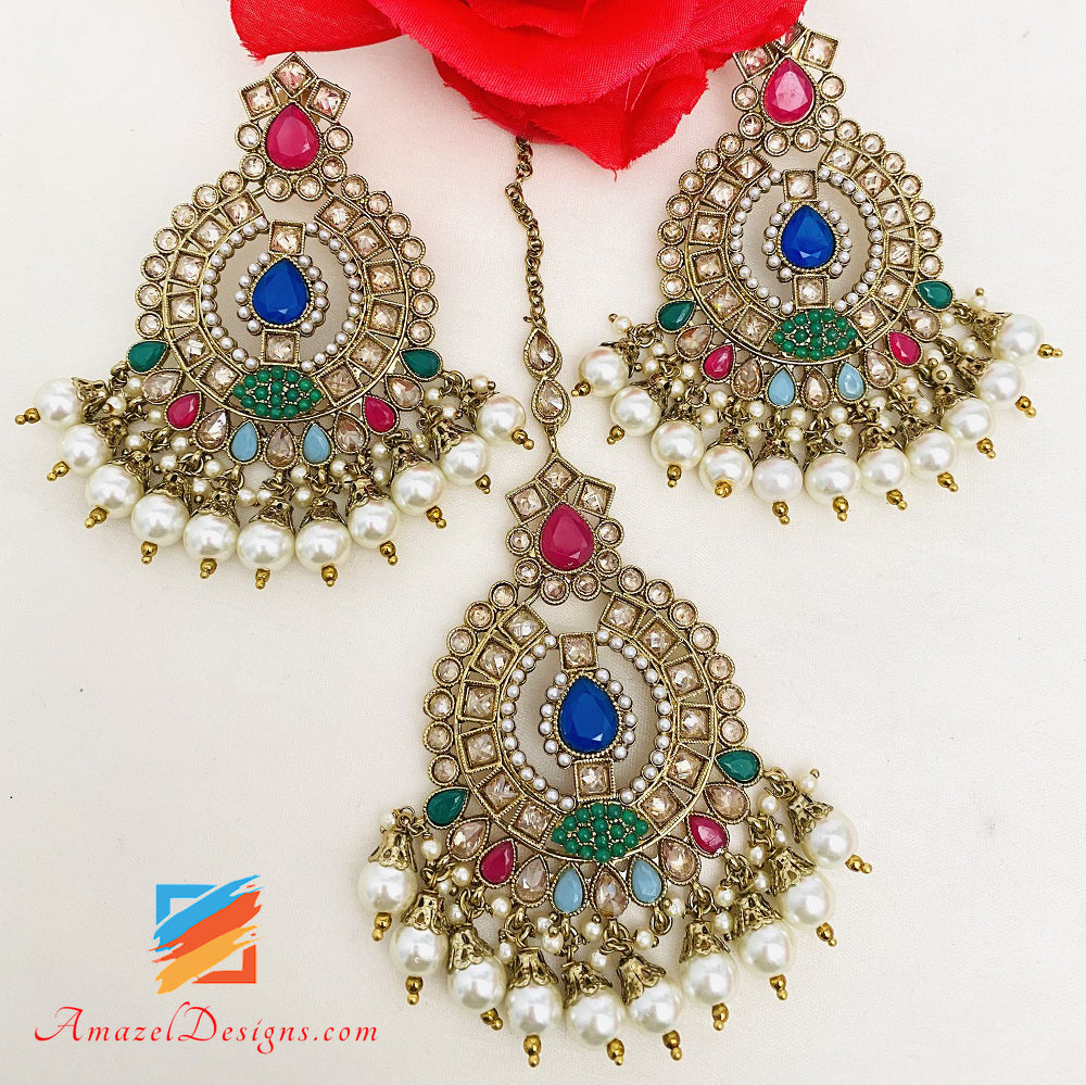 Multicoloured Choker Earrings Tikka Set