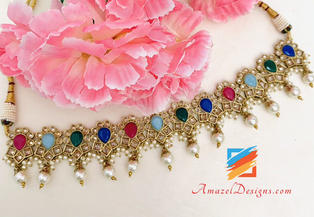 Multicoloured Choker Earrings Tikka Set
