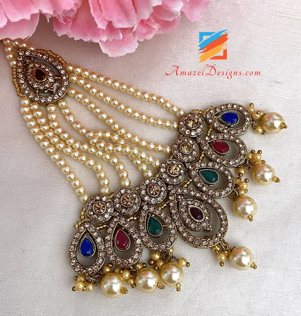 Multicoloured Choker Earrings Tikka Jhumer Set