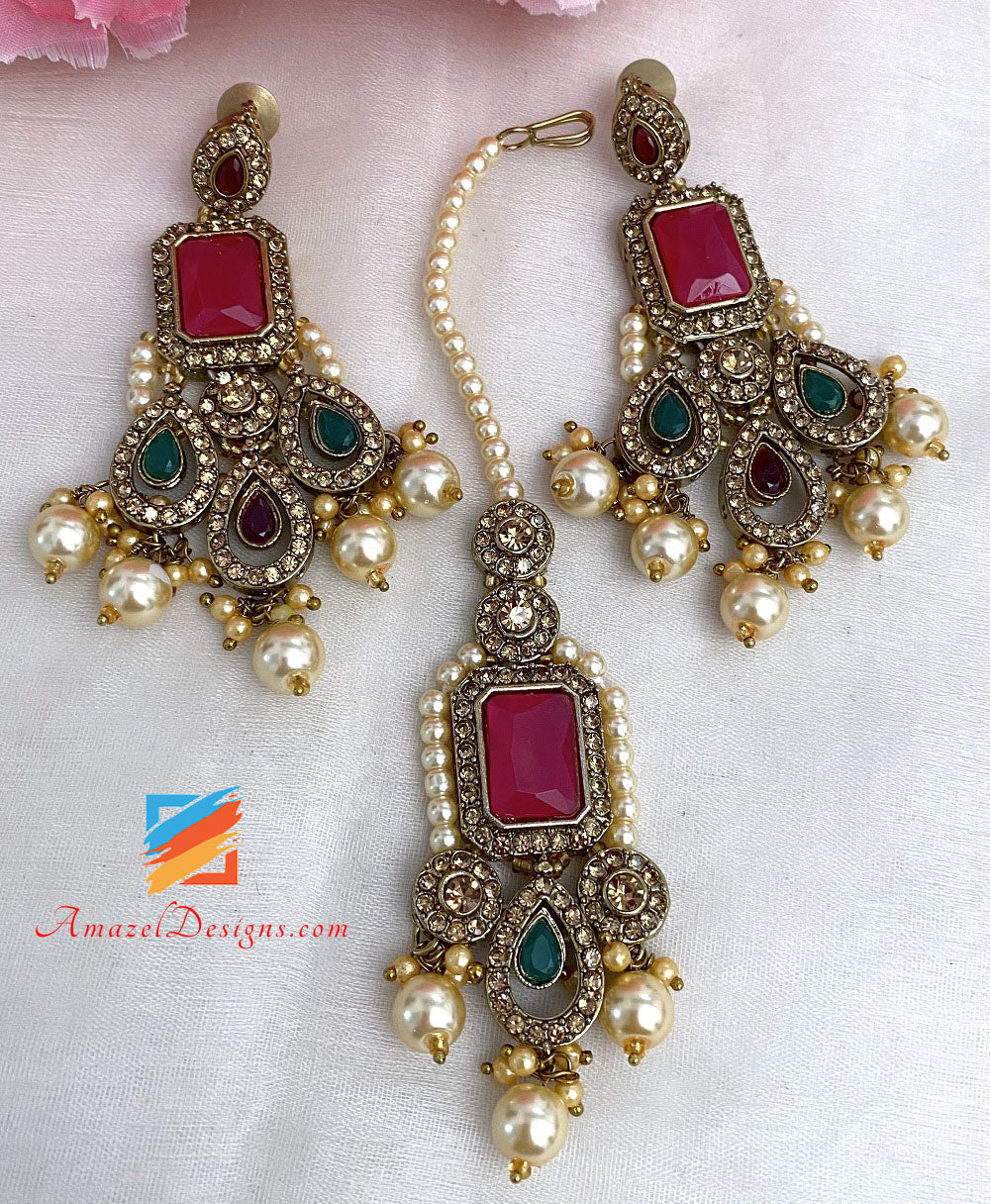 Multicoloured Choker Earrings Tikka Jhumer Set