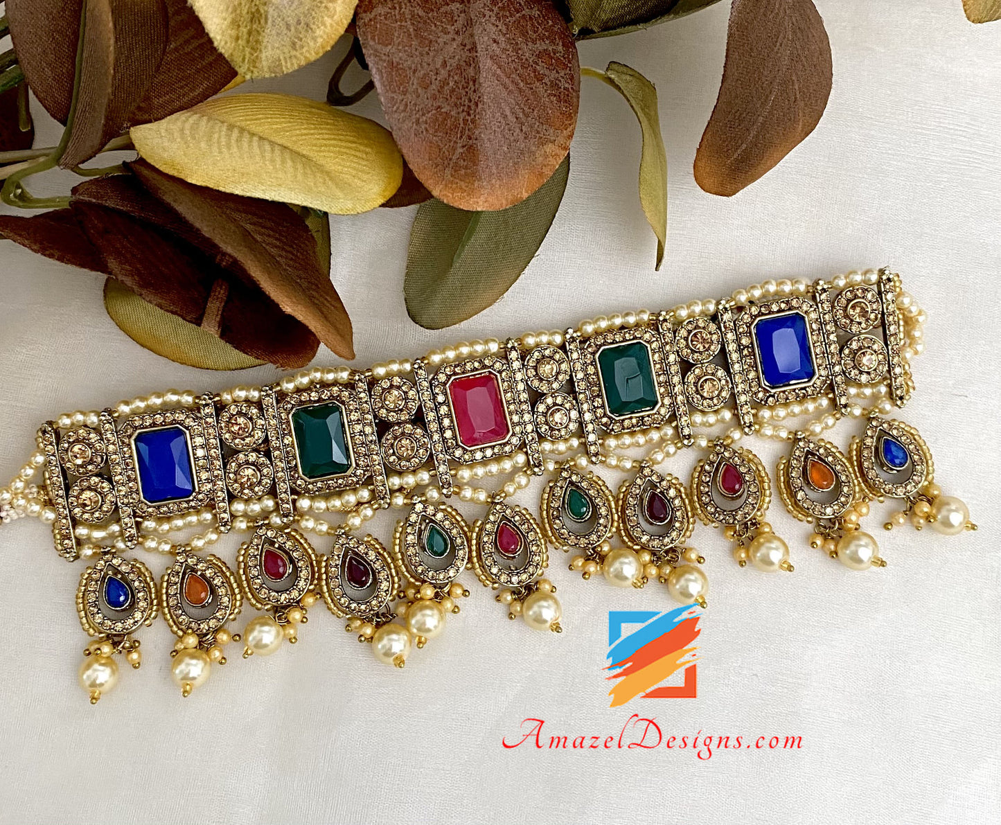 Multicoloured Choker Earrings Tikka Jhumer Set