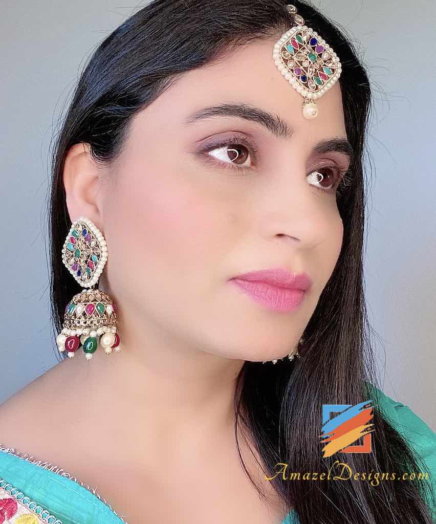 Multicoloured Emerald Ruby Jhumka Earring Tikka Set