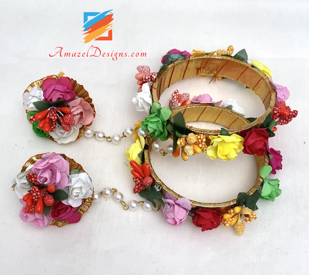 Multicoloured Flower Necklace Earrings Tikka Set