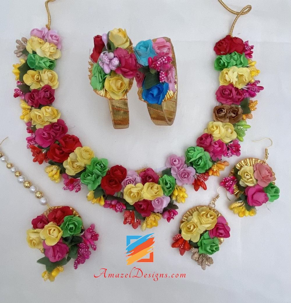 Multicoloured Flower Necklace Earrings Tikka Set