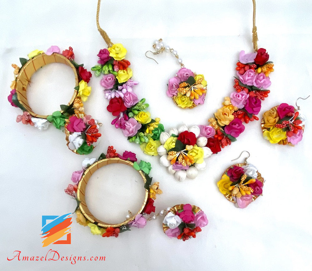 Multicoloured Flower Necklace Earrings Tikka Set