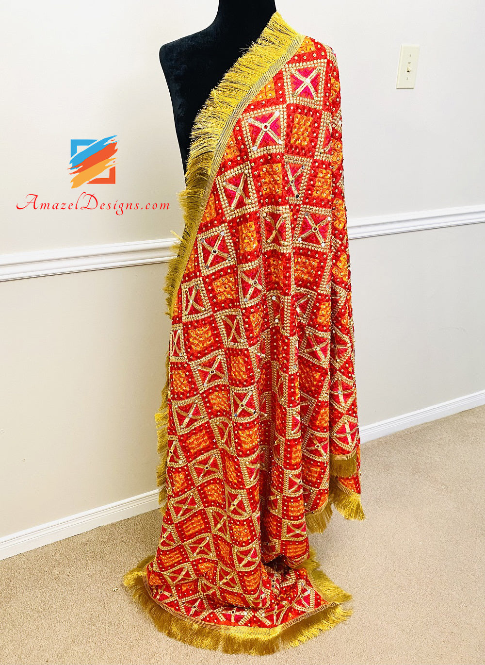 Multicoloured Fulkari Mirror Kundan Work With Kirnavala Gotta
