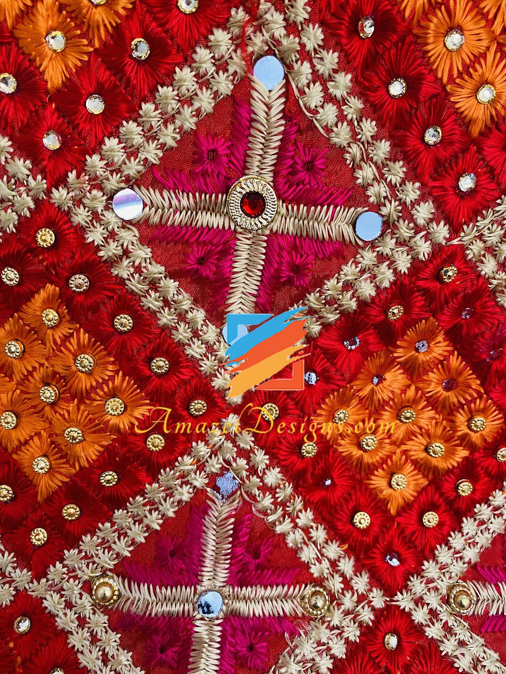 Multicoloured Fulkari Mirror Kundan Work With Kirnavala Gotta