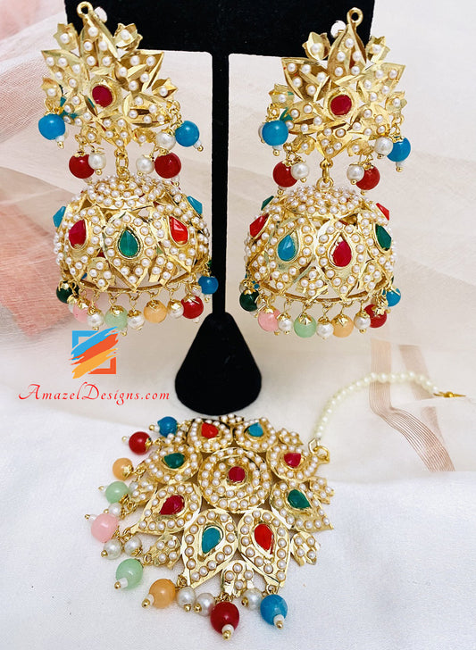 Multicoloured Jadau Kundan Pippal Patti Jhumki Earrings Tikka Set