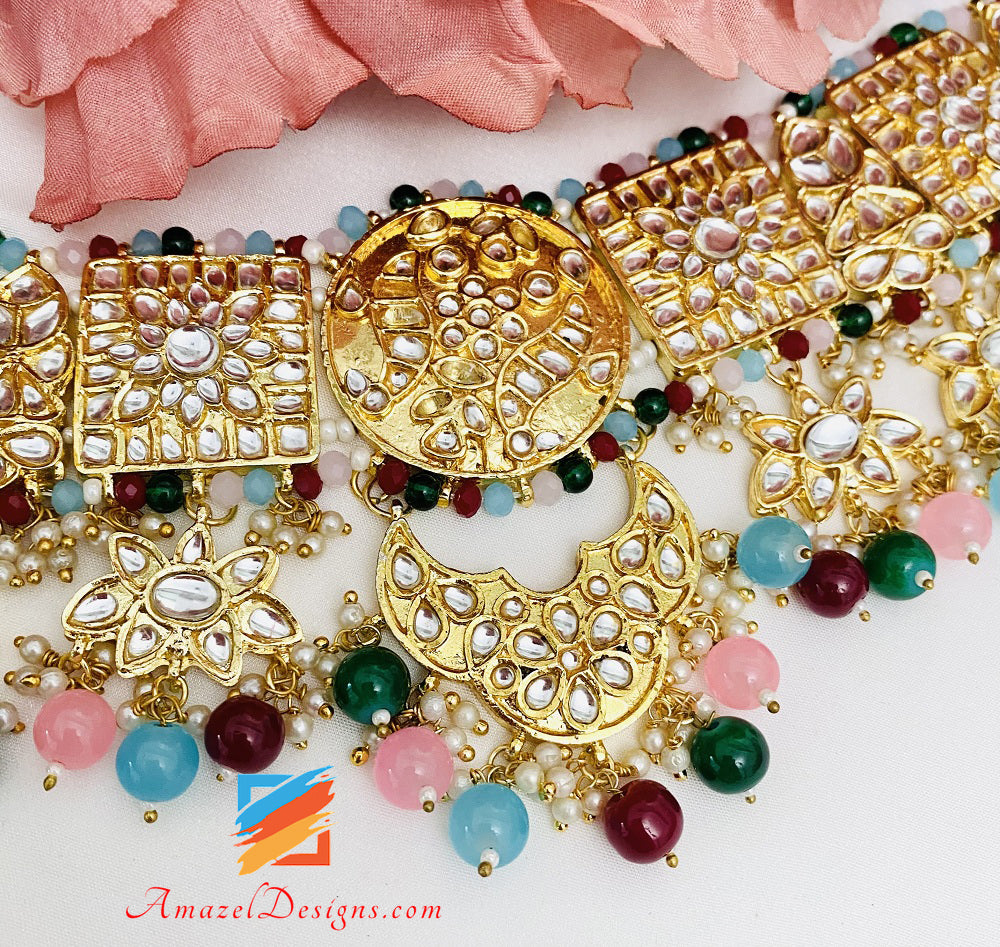 Multicoloured Kundan Choker With Earrings Tikka Set