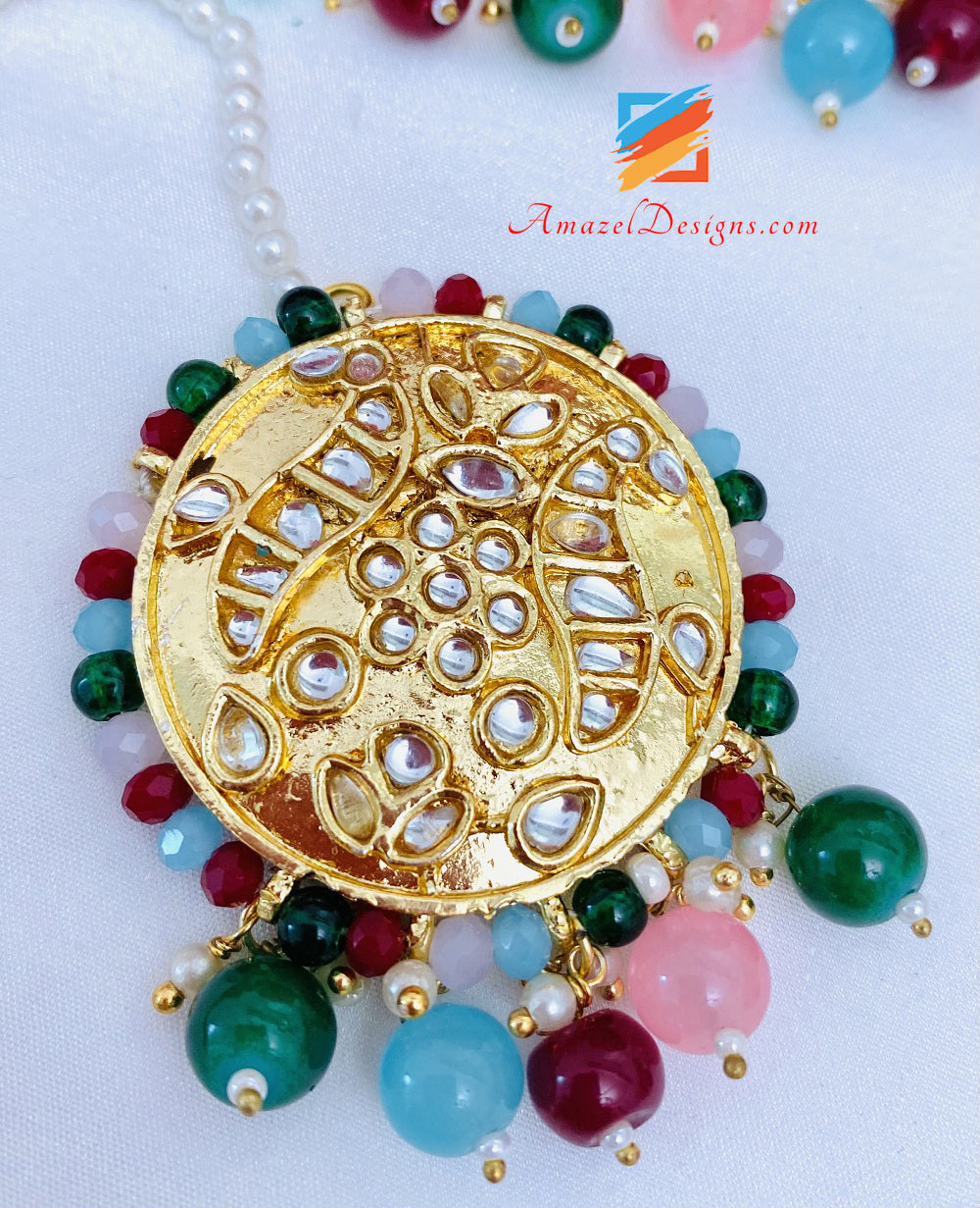 Multicoloured Kundan Choker With Earrings Tikka Set