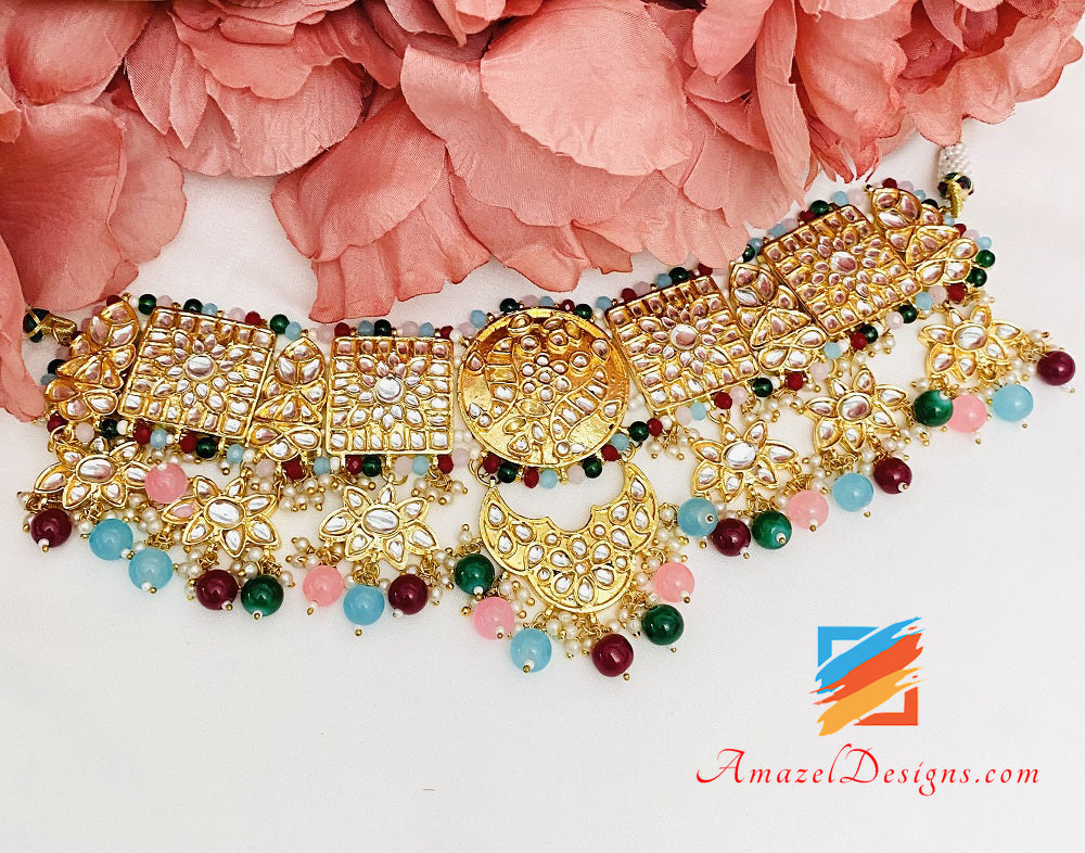 Multicoloured Kundan Choker With Earrings Tikka Set