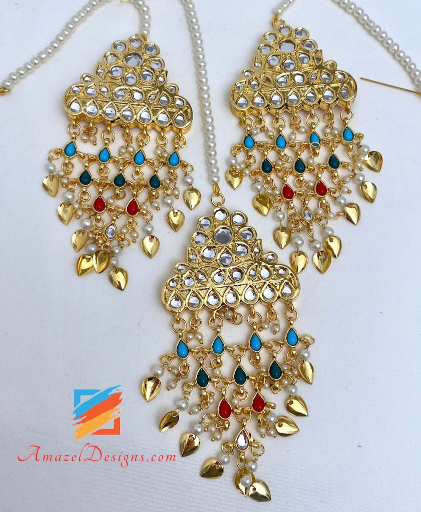 Multicoloured Kundan Flexible Choker Necklace Earrings Tikka Set