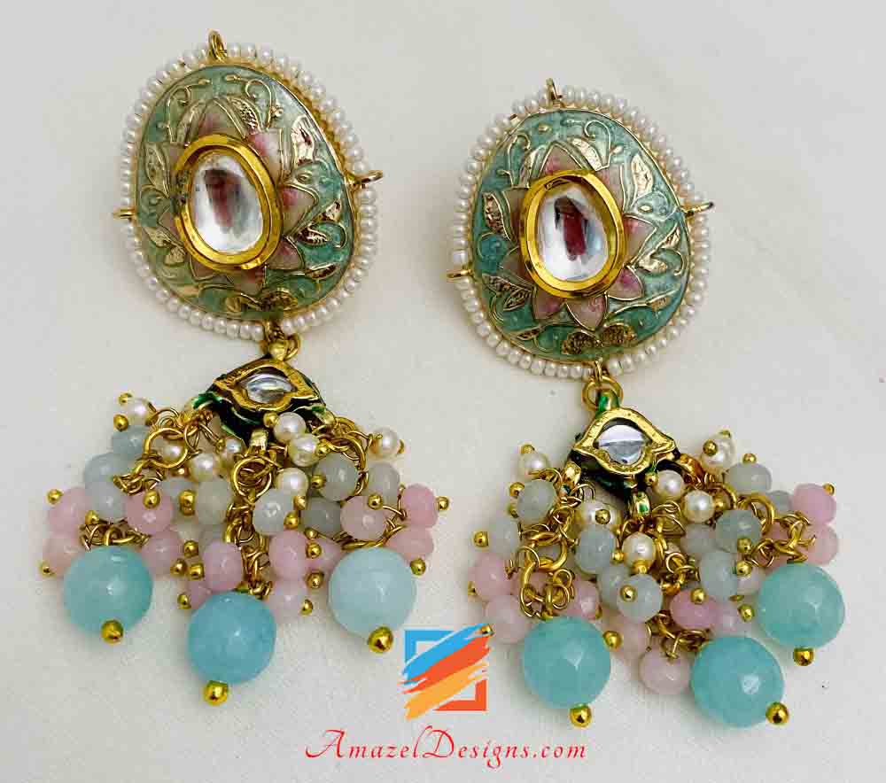 Multicoloured Light Blue Hand Painted Meenakari Necklace Earrings Set