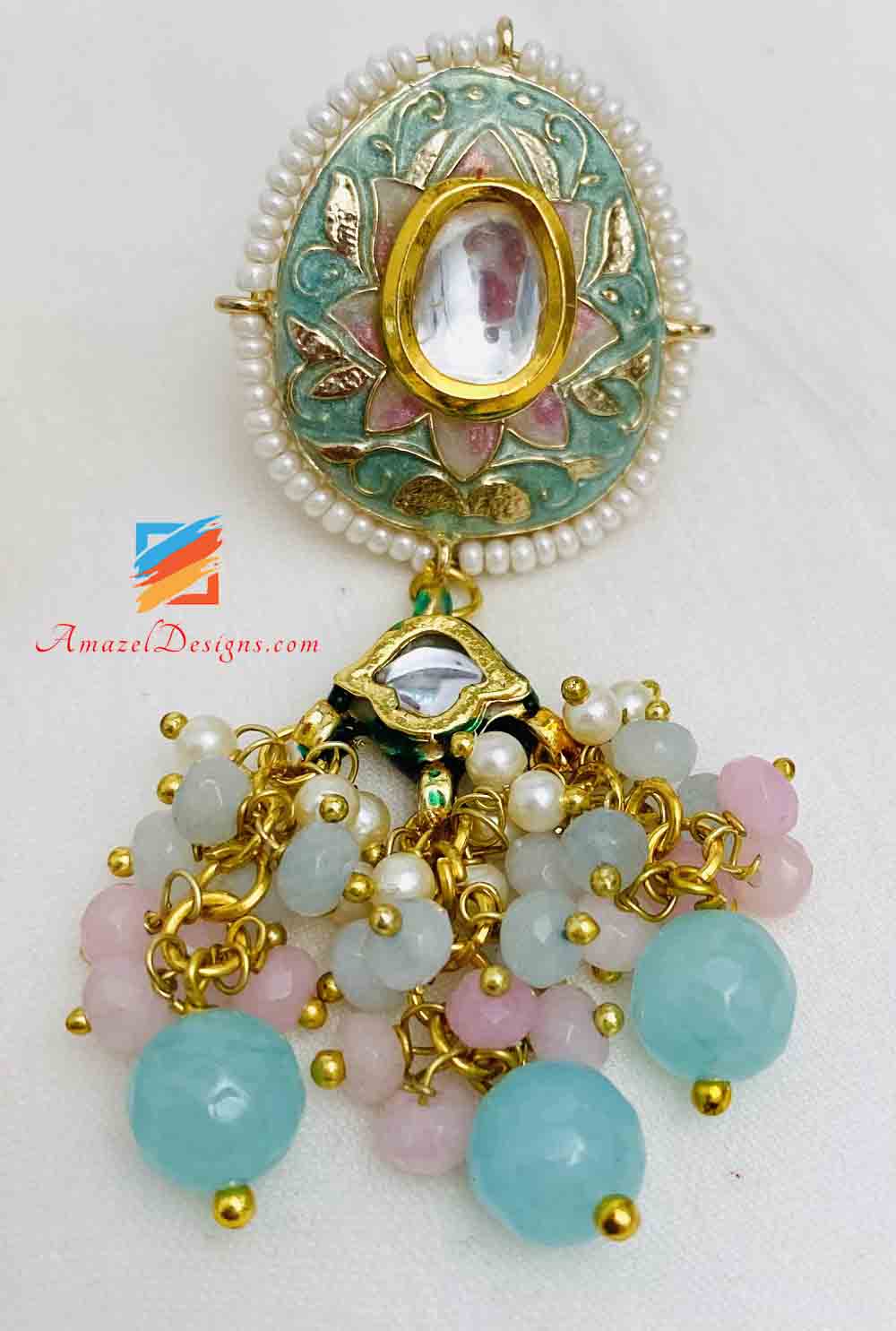 Multicoloured Light Blue Hand Painted Meenakari Necklace Earrings Set