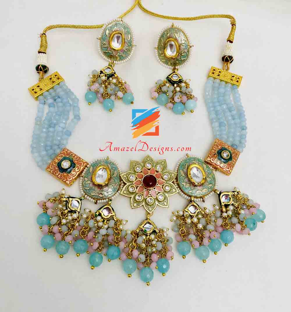 Multicoloured Light Blue Hand Painted Meenakari Necklace Earrings Set