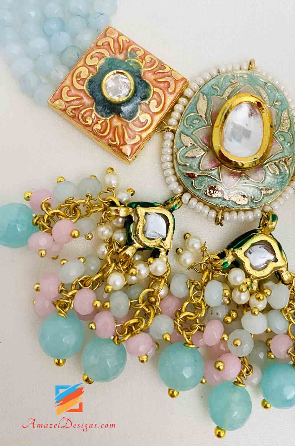 Multicoloured Light Blue Hand Painted Meenakari Necklace Earrings Set