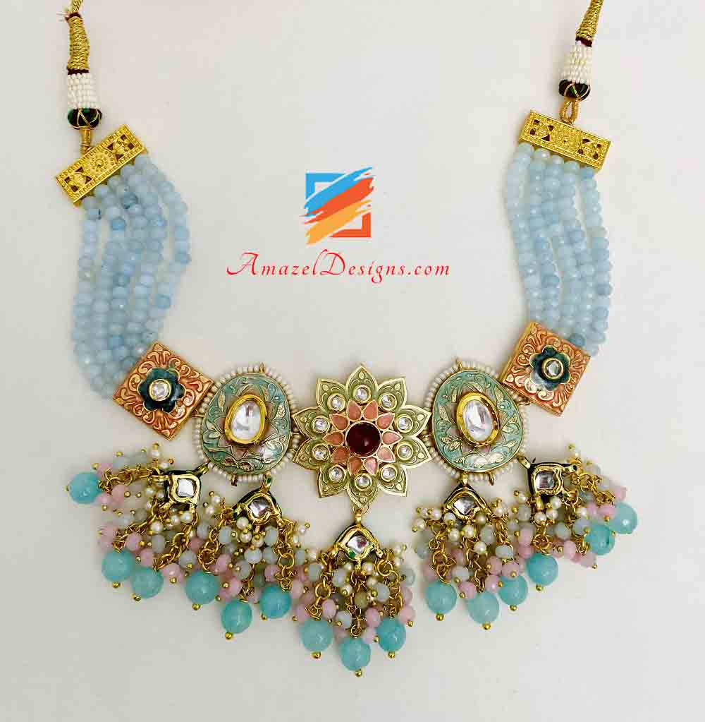 Multicoloured Light Blue Hand Painted Meenakari Necklace Earrings Set