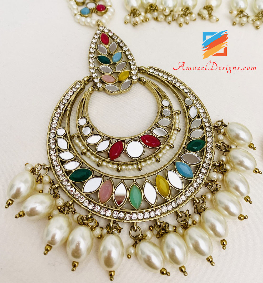 Mirror Multicoloured Lightweight Flexible Choker Earrings Tikka Set